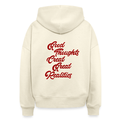 „Good Thoughts Create Great Realities“ – Oversized Kapuzenpullover aus Bio-Baumwolle - Weißgrau