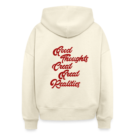 „Good Thoughts Create Great Realities“ – Oversized Kapuzenpullover aus Bio-Baumwolle - Weißgrau