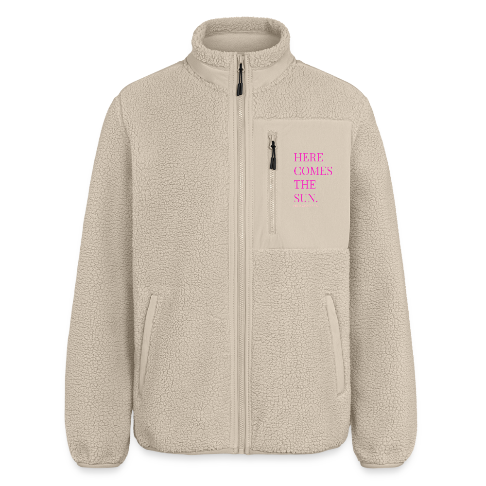 Herzfarben Sherpa Fleecejacke – HERE COMES THE SUN | Unisex · 100% recyceltes Polyester · Warm, weich & nachhaltig - Beige