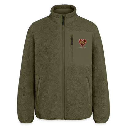 Unisex Sherpa Jacke „Leopard Heart“ – Unisex, Relaxed Fit, 100% recyceltes Polyester - Khaki