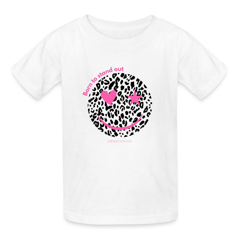 Born to Stand Out Kinder T-Shirt – Cooles Shirt mit Smiley & Leo-Muster 🐆💖 - Weiß