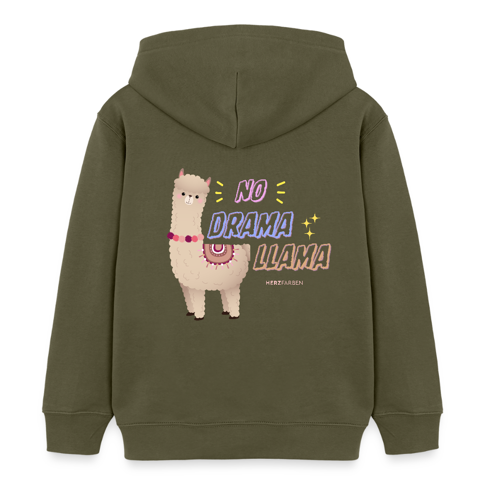 Kinder Hoodie „No Drama Llama“ – Lustiger Lama Hoodie aus 100% Bio-Baumwolle / 3 - 8 Jahre - Khaki
