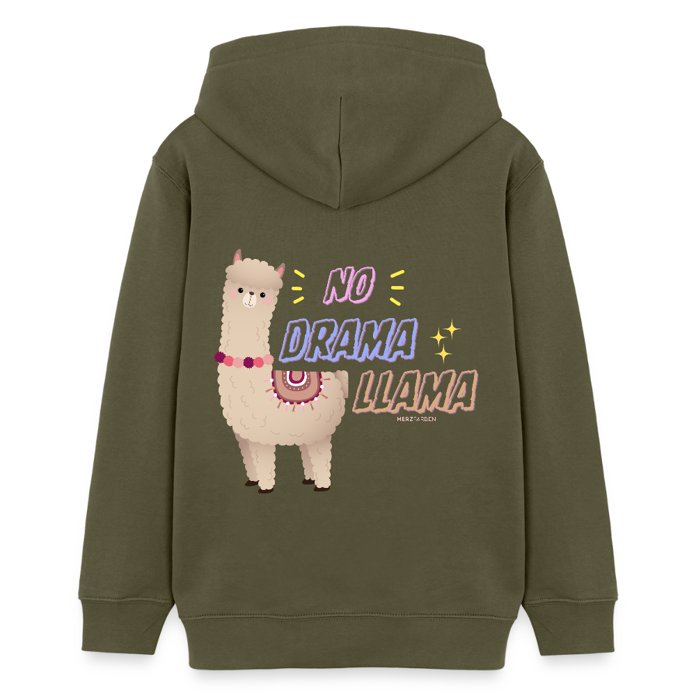 Kinder Hoodie „No Drama Llama“ – Lustiger Lama Hoodie aus 100% Bio-Baumwolle / 9 - 13 Jahre - Khaki
