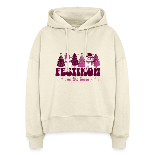 Bio Hoodie „Festimom on the Loose“ 🎄👩‍👧‍👦 | Weihnachten | 100% Bio-Baumwolle - Weißgrau