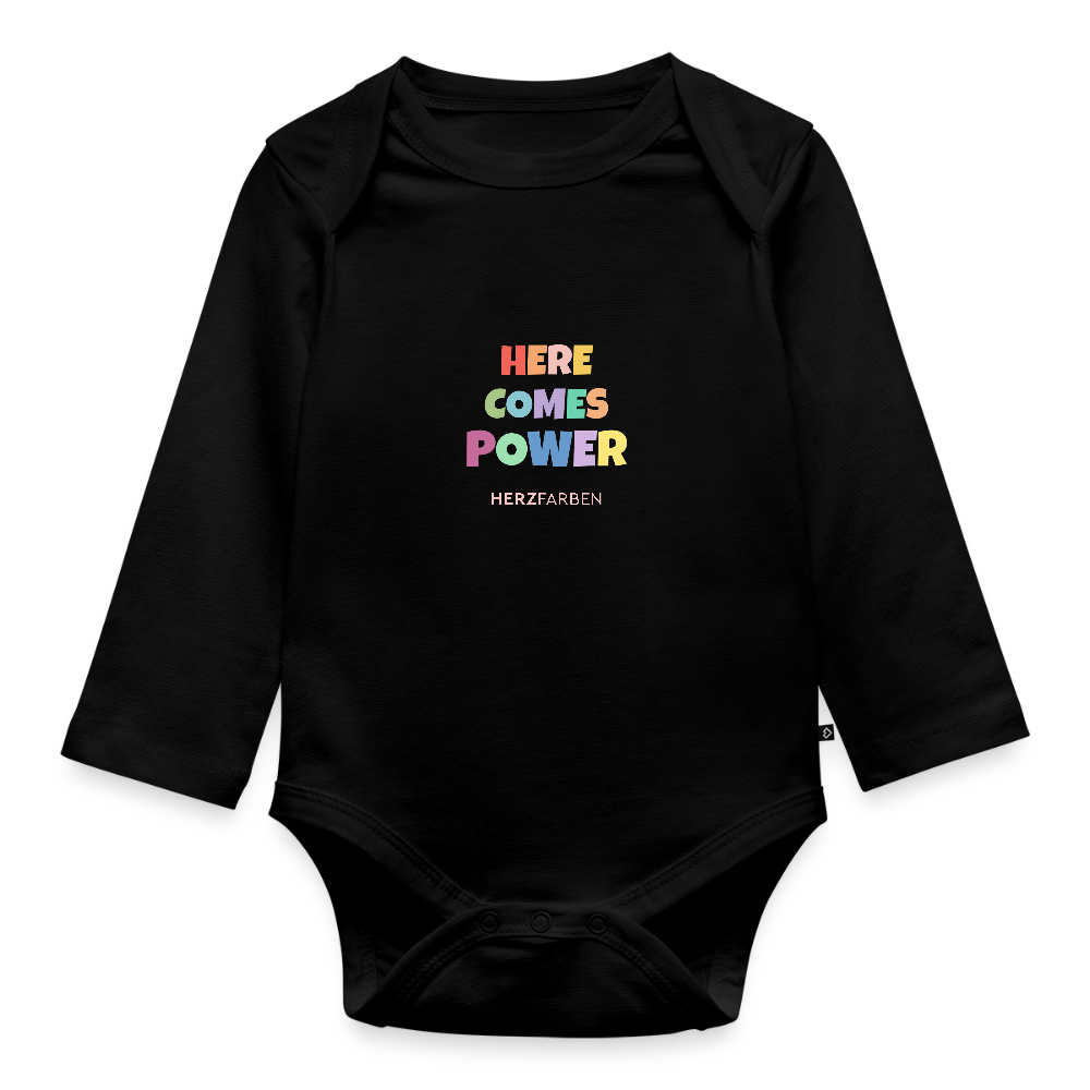 Here Comes Power Baby Bio Langarm Body – Bunter Babybody mit Regenbogen-Power - Schwarz