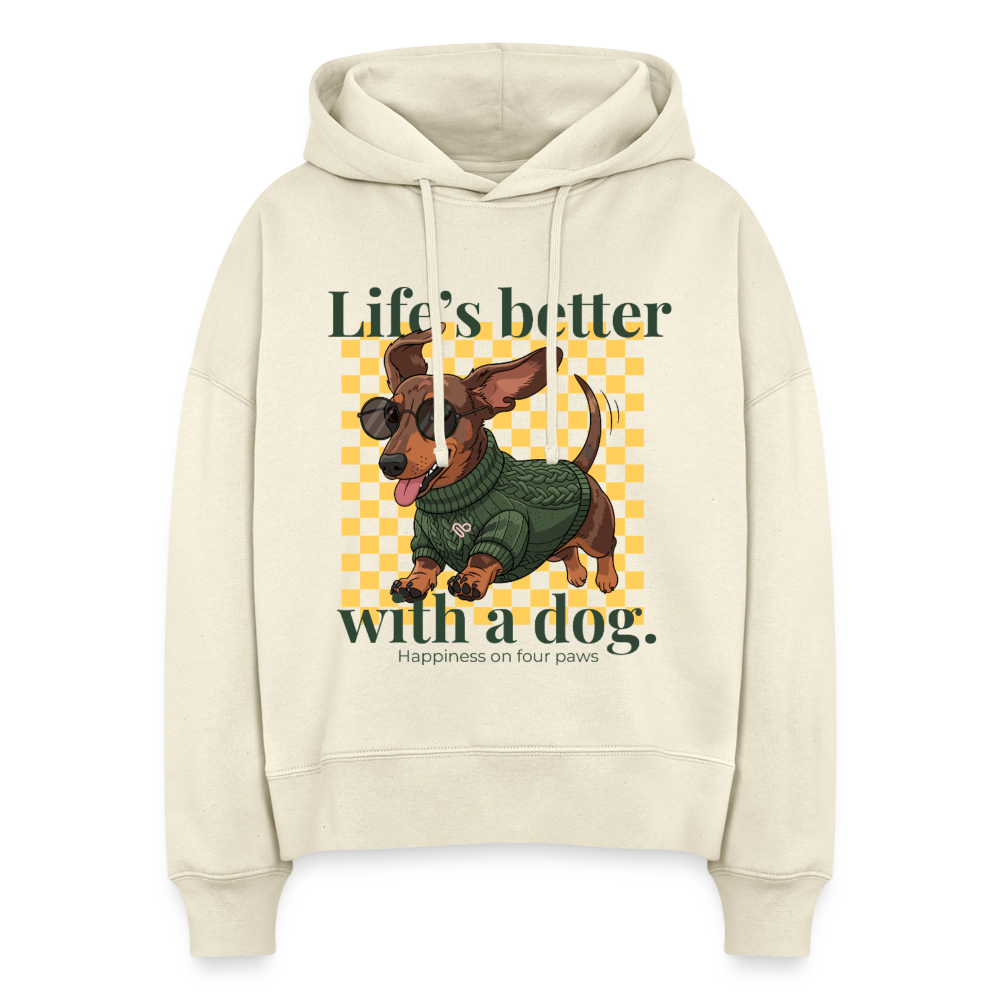 Herzfarben Damen Hoodie – Life’s Better with a Dog | 100 % Bio-Baumwolle | Hunde-Lover Hoodie - Natur