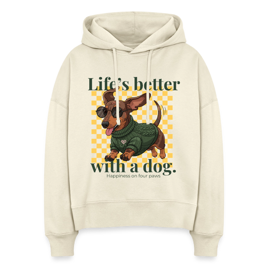 Herzfarben Damen Hoodie – Life’s Better with a Dog | 100 % Bio-Baumwolle | Hunde-Lover Hoodie - Natur